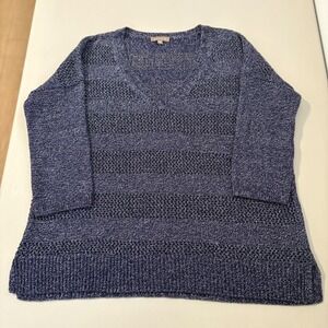 Lilla P V Neck Speckled Knit Sweater Blue White Striped Size Medium